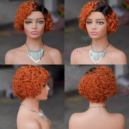 Ombre Blonde T1B27Pixie Cut Short Curly Bob Side Part Non Lace Front 100%