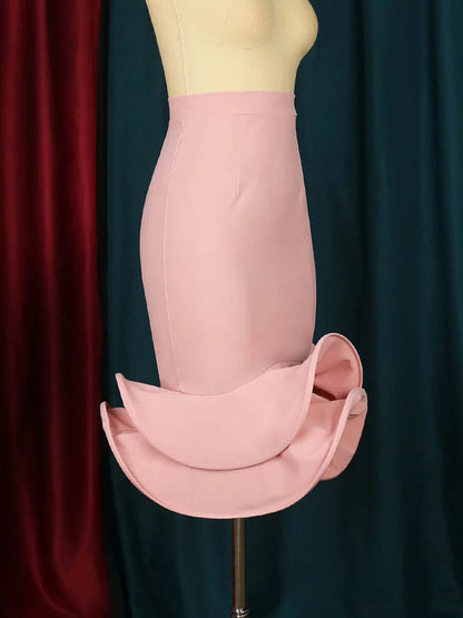 Women's Pink Stretch Skirt with Ruffles Mid-Length High Waist