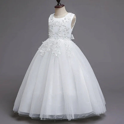 Girls White Lace Pearl Flower Princess Dress For Sequins Sleeveless First