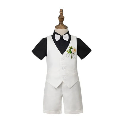 Children Green White Baptism Photography Suit Kids Vest Shirt Shorts Bowtie
