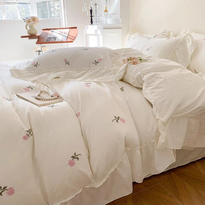 3pcs Rose Embroidered Duvet Cover Set (1*Duvet Cover + 2*Pillowcase, Without