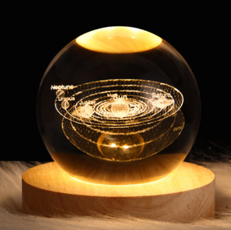 3D Crystal Ball Night Light - USB Powered Projection Lamp with Wooden Base | Moon, Ferris Wheel & Forest Designs