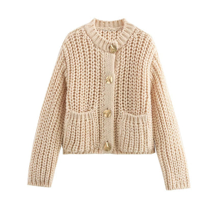 Pocket-button Knitted Women's Round-neck Ingot Sweater Coat