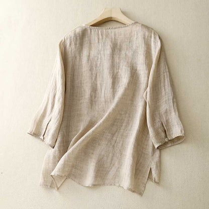 Women's Casual Embroidered Shirt Made Of Cotton And Linen