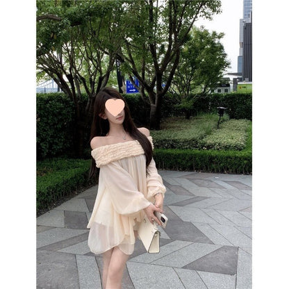 Off-shoulder Long Sleeve Chiffon Shirt Loose Mid-length Thin Top