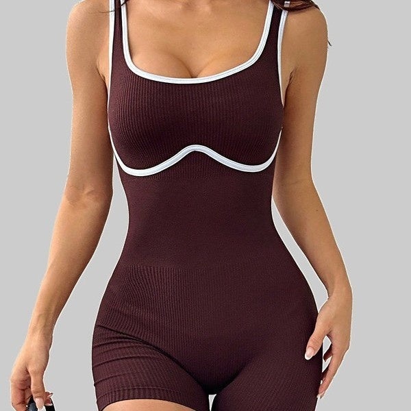 Elastic Contrast Color Yoga Jumpsuit – Seamless Tight-Fit Activewear for Women