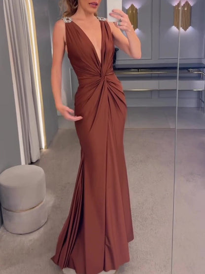 Elegant Draped Deep V - Neck Evening Dress