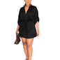Casual Solid Drawstring Waist V Neck Rollable Sleeve Dress, Women's Clothing