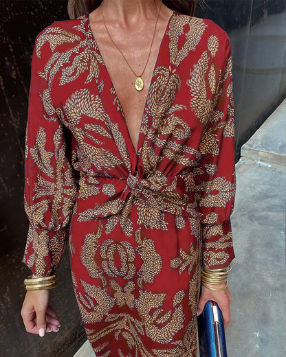 Sophia | Vintage Printed V-Neck Long-sleeve Elegant Dress