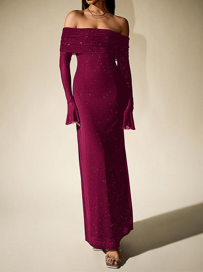Black Off-Shoulder Maxi Dress With Glitter Detail And Mesh Sleeves