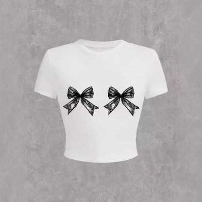 Casual Simple Round Neck Lace Bow Print Short Sleeve