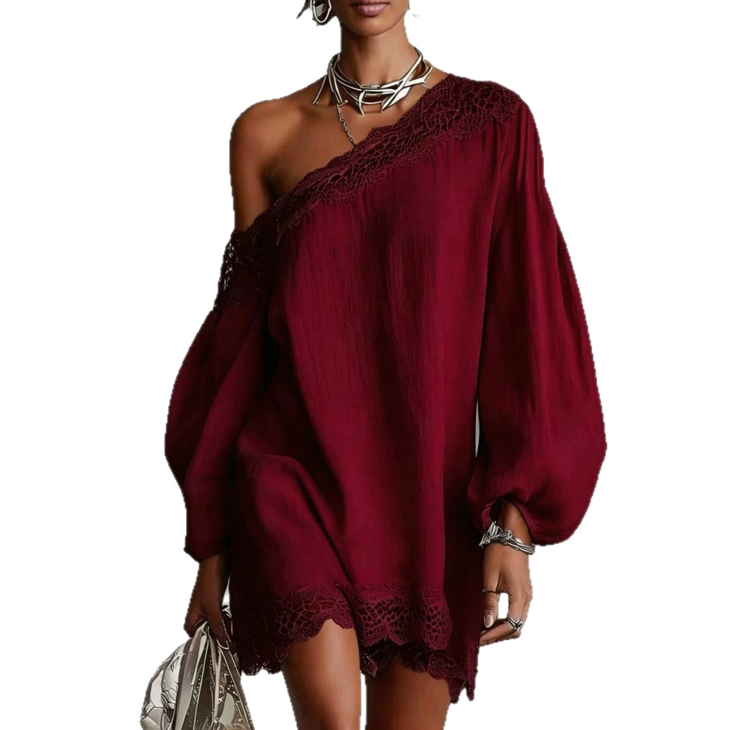 Solid-color Lace-trimmed Casual Off-shoulder Long-sleeve Top