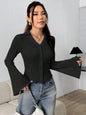 Shoulder Bell Sleeve Solid Color Long-sleeved Top