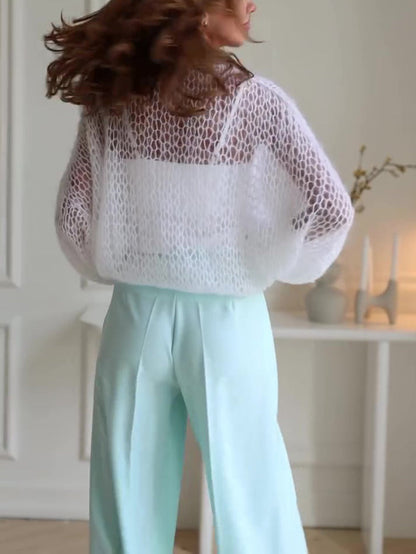 Casual Solid Color Hollow Knit Cardigan