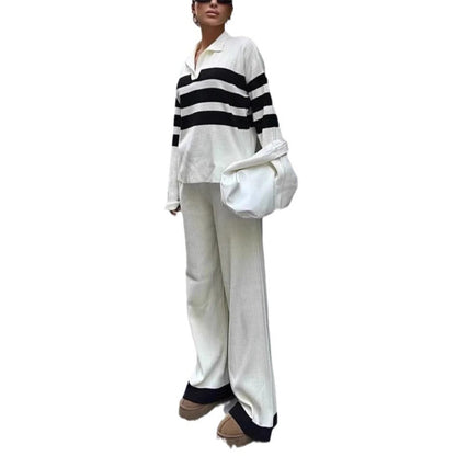 Fashion Women's Casual Polo Collar Striped Knitted Contrast Color Two-piece Set