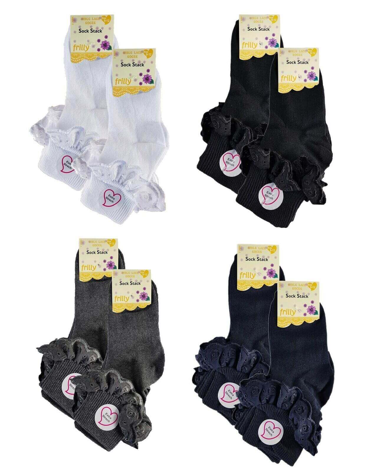 6 Pairs Girls Cotton Rich Frilly Ankle Socks Durable Breathable Sculpted Heels and Toes Multiple Sizes and Colours Perfect for School and Everyday Wear by Sock Stack