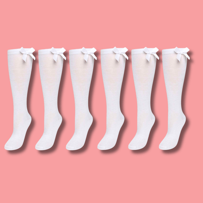 6 Pairs Girls Knee High Socks With Ribbon Bows Back To School Cotton Rich Long Socks Stylish Comfortable Durable For Uniforms Everyday Wear Ages 2-16 Years by Sock Stack