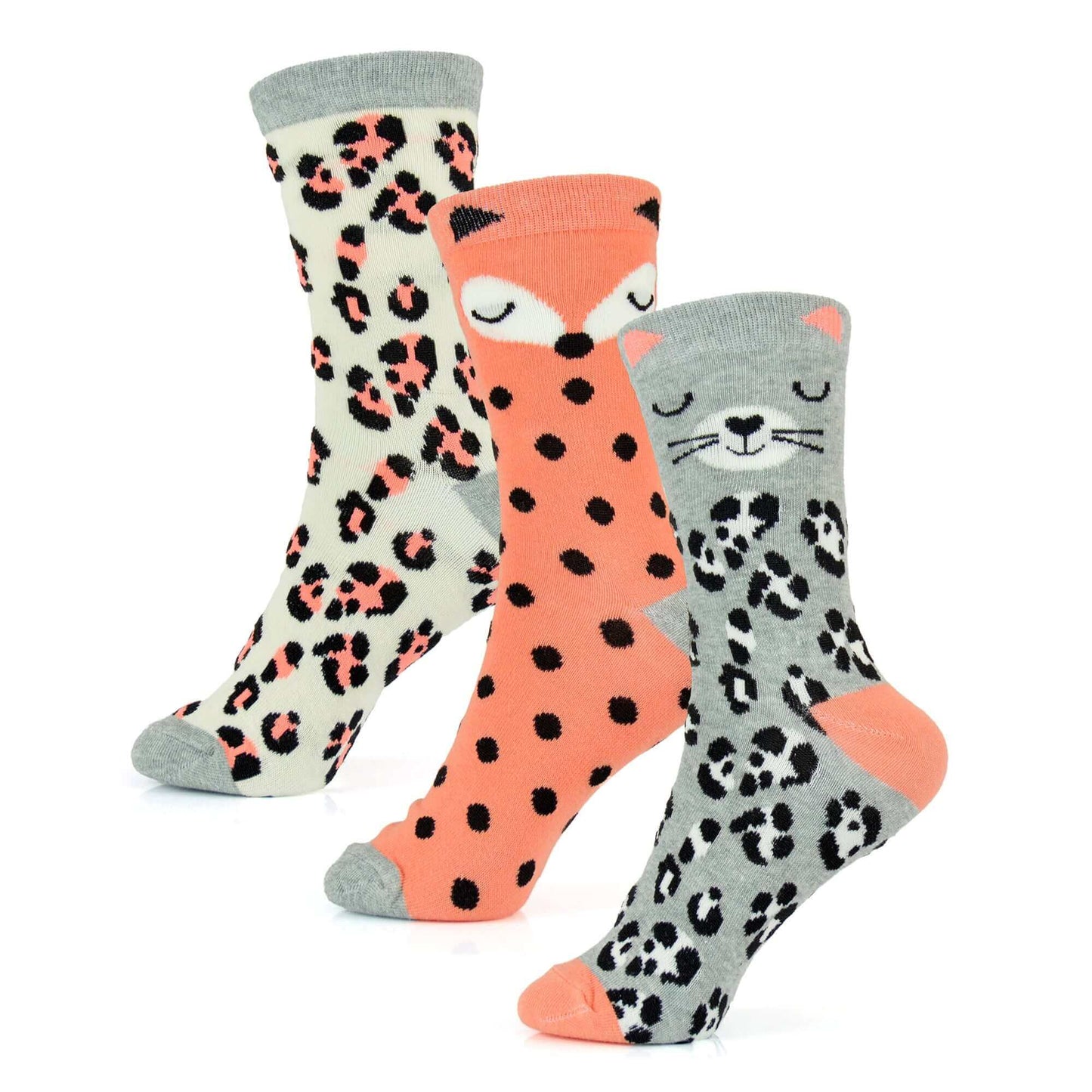 6 Pairs Women's Cotton Rich Socks Fun Designs Stripes Dots Leopard Fox Dog Cat Prints UK 4-7 Breathable Durable by Sock Stack