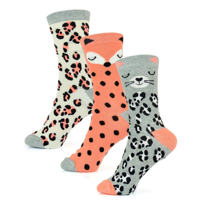 6 Pairs Women's Cotton Rich Socks Fun Designs Stripes Dots Leopard Fox Dog Cat Prints UK 4-7 Breathable Durable by Sock Stack