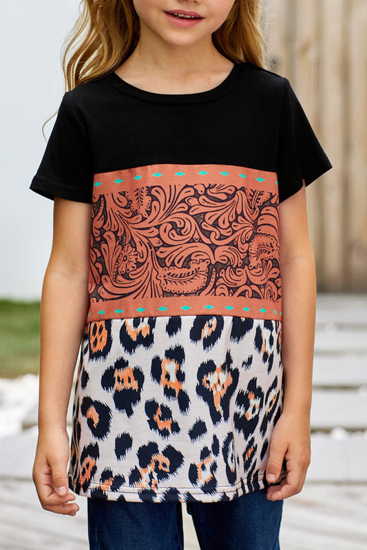Brown Print Leopard Colorblock Girls' T-shirt
