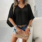 V-neck Bat Sleeve Short-sleeved T-shirt Top Summer Casual Loose Hollow Sweater Fashion Womens Clothing