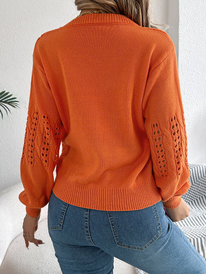 Women Casual Solid Color Hollow Out Lantern Sleeve Pullover Sweater