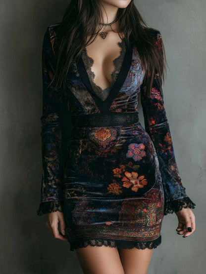 Retro-chic Velvet Cheongsam Dress With Floral Print, Fitted Waist, And Slimming Effect