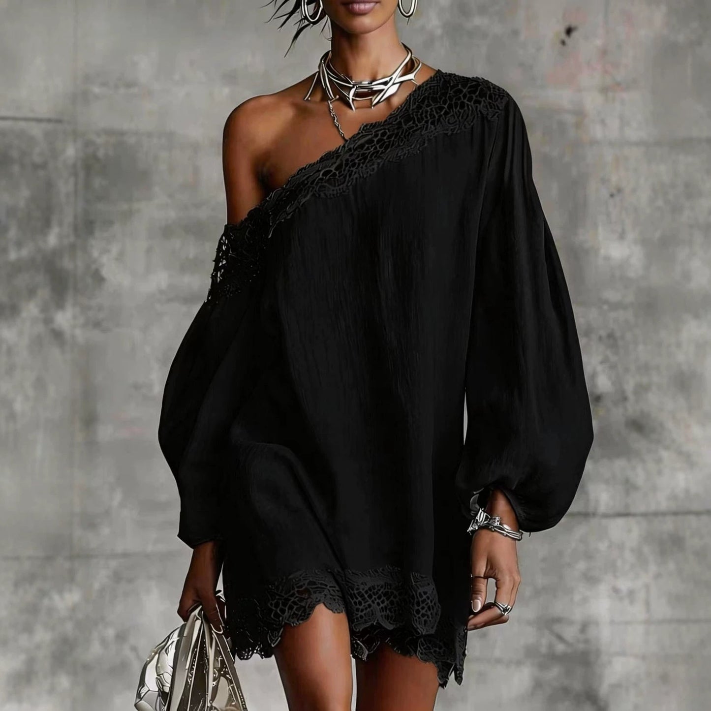Solid-color Lace-trimmed Casual Off-shoulder Long-sleeve Top