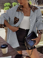 INS Leopard Striped Patchwork Shirt Fashion Casual Long-sleeved Button Lapel Top Women's Clothing
