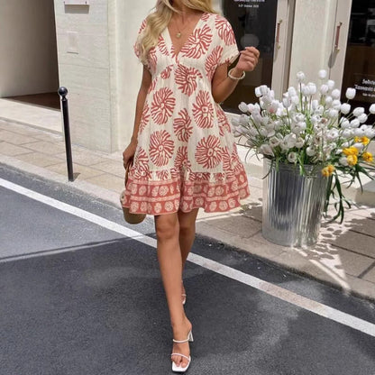 Women's Loose Casual V-Neck Digital-Print Short-Sleeve Dress