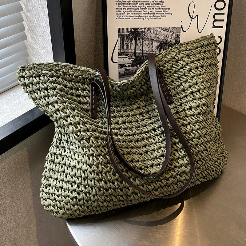 Summer Woven Shoulder Bag Ins Fashion Large Capacity Handbags With Zipper Women's Beach Bags