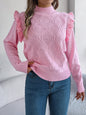 Women Solid Color Ruffled Mock Neck Long Sleeve Pullover Sweater