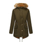 Hooded Women's Mid-length Padded Coat With Fur Collar And Defined Waist