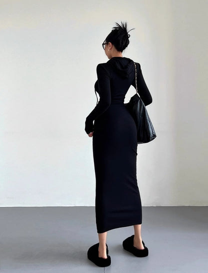 Women's Temperament Sheath Over The Knee Dress Hooded Long Sleeve Underwear Long Dress