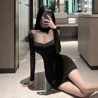 Mesh-panelled Long-sleeve Short Skirt Bodycon Sheath Dress For Women