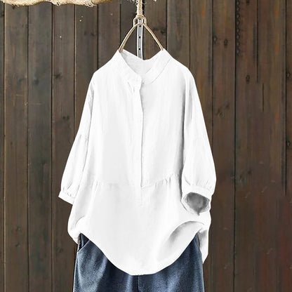 Mandarin-collar Single-breasted Traditional-style Solid-color Long-sleeve Pullover Shirt