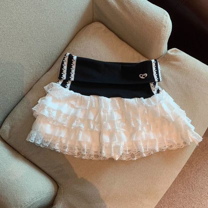 Ballet-style Pure Yet Seductive Lace-spliced Bubble Skirt