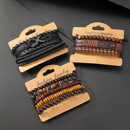 12pcs Vintage Braided Faux Leather Bracelet Set with Tiger Eye & Moonstone Beads