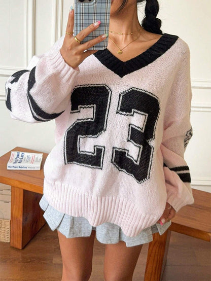 Contrast Color Digital Jacquard Loose-fitting V-neck Long Sleeves Sweater