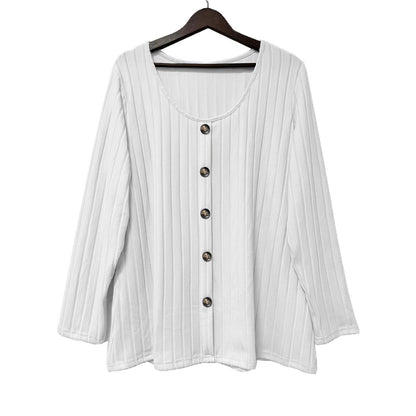 Ribbed Crew Neck Button-down Casual Long Sleeve