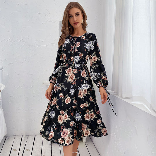 Womens Crew-neck Long-sleeve Tie-dye Printed Dress