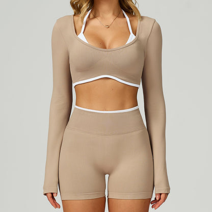 Seamless Color-blocking Yoga Set With Hollow Back And High-waist Fitness Wear