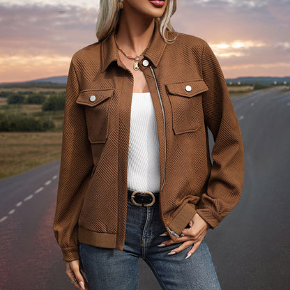 Women's Casual Lapel Texture Solid Color Long Sleeve Jacket