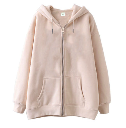 Full-zip Hoodie With Fleece-lined Solid-color Sweatshirt