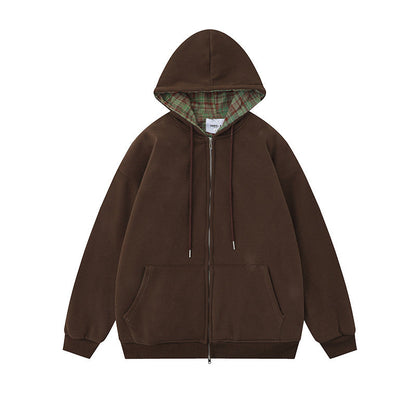 Street Plaid Cardigan Hoodie Loose-fitting Hooded Coat