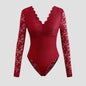 Sexy Solid-Color Lace Long-Sleeve Sheer Bodycon Jumpsuit