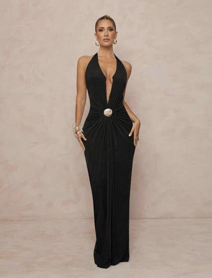 Deep V-neck Halter Dress With Open Back For Beach Vacations