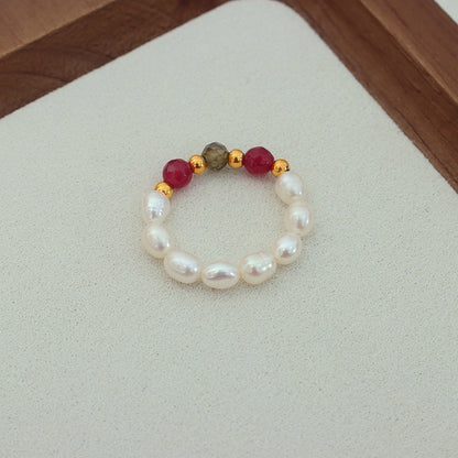 Freshwater Pearl And Agate Beaded Stretchy Cord Ring