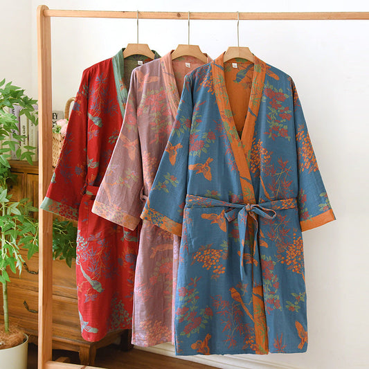 Women's SpringSummer Jacquard Woven Pure Cotton Double-Layer Gauze Nightgown