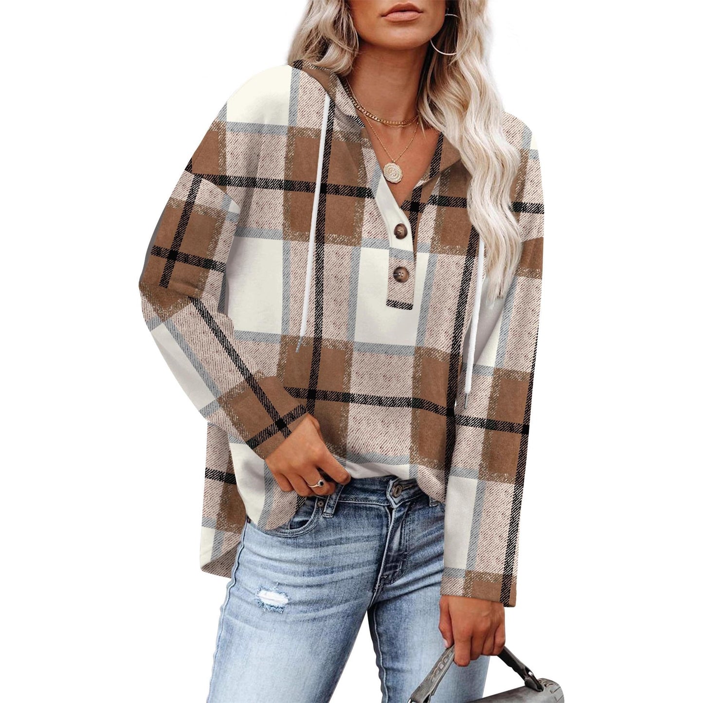 Women's Top V-neck Buttons Long-sleeved Sweater Shirt